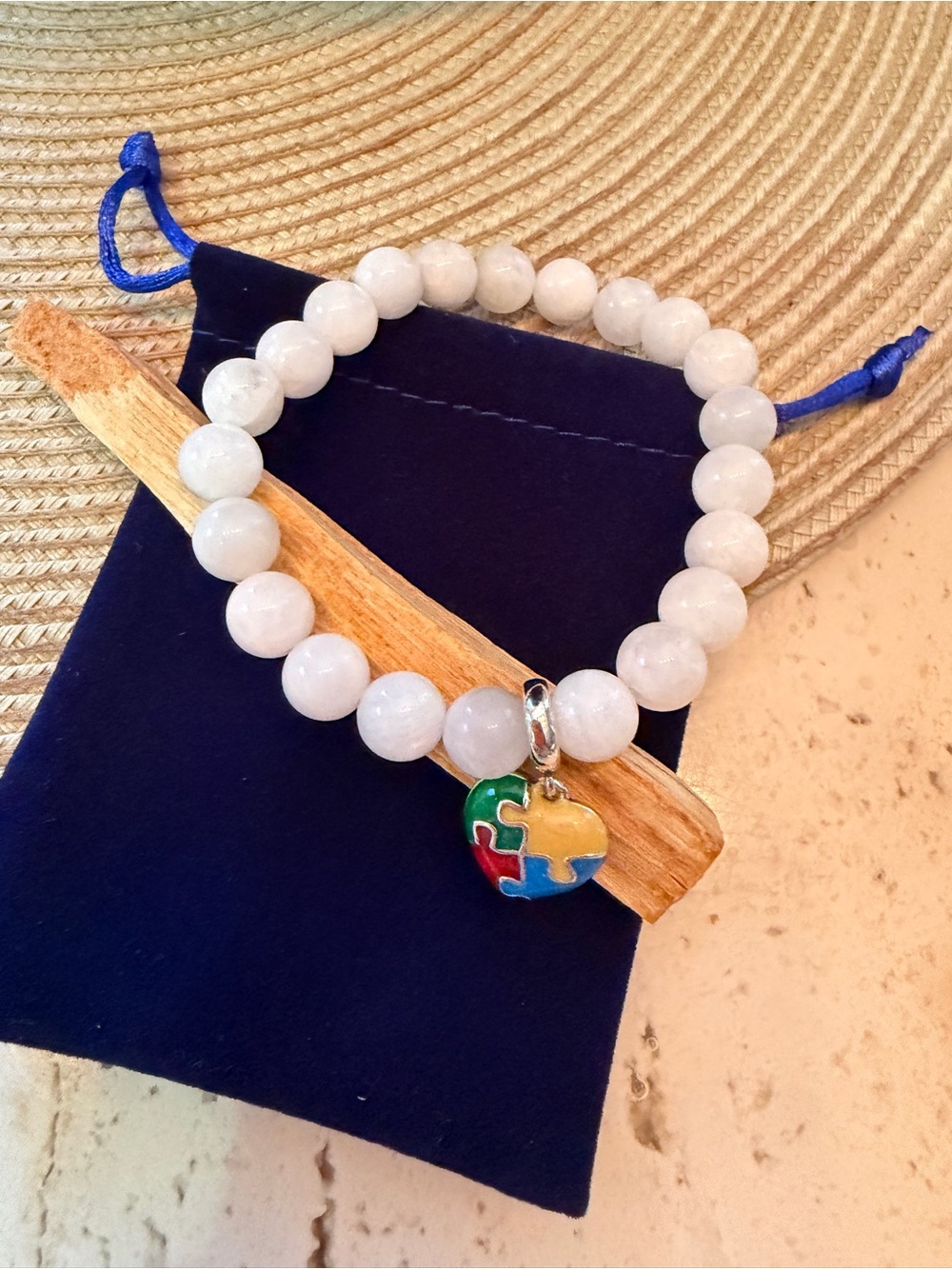 925 Sterling Silver 3D Autism Puzzle Heart Charm with Moonstone Stretch Bracelet